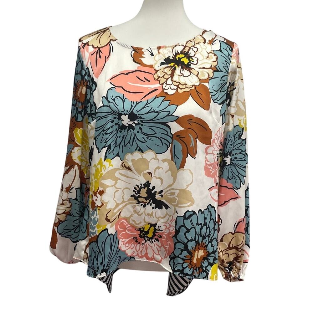 Coco Bianco Womens Medium Long Sleeve Flowy Floral Stripe Polyester Blouse Top